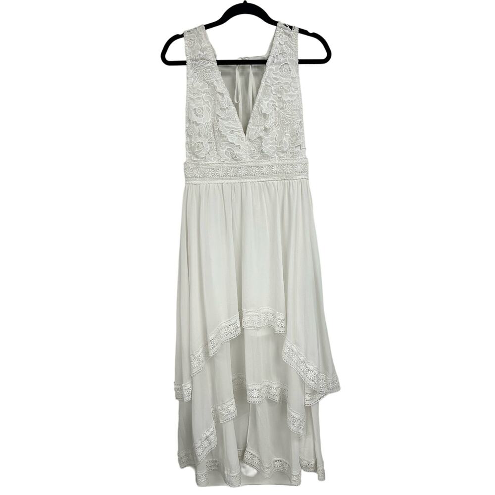 NWT Story: Lexington White Crochet Lace High Low V Neck Dress Womens Medium
